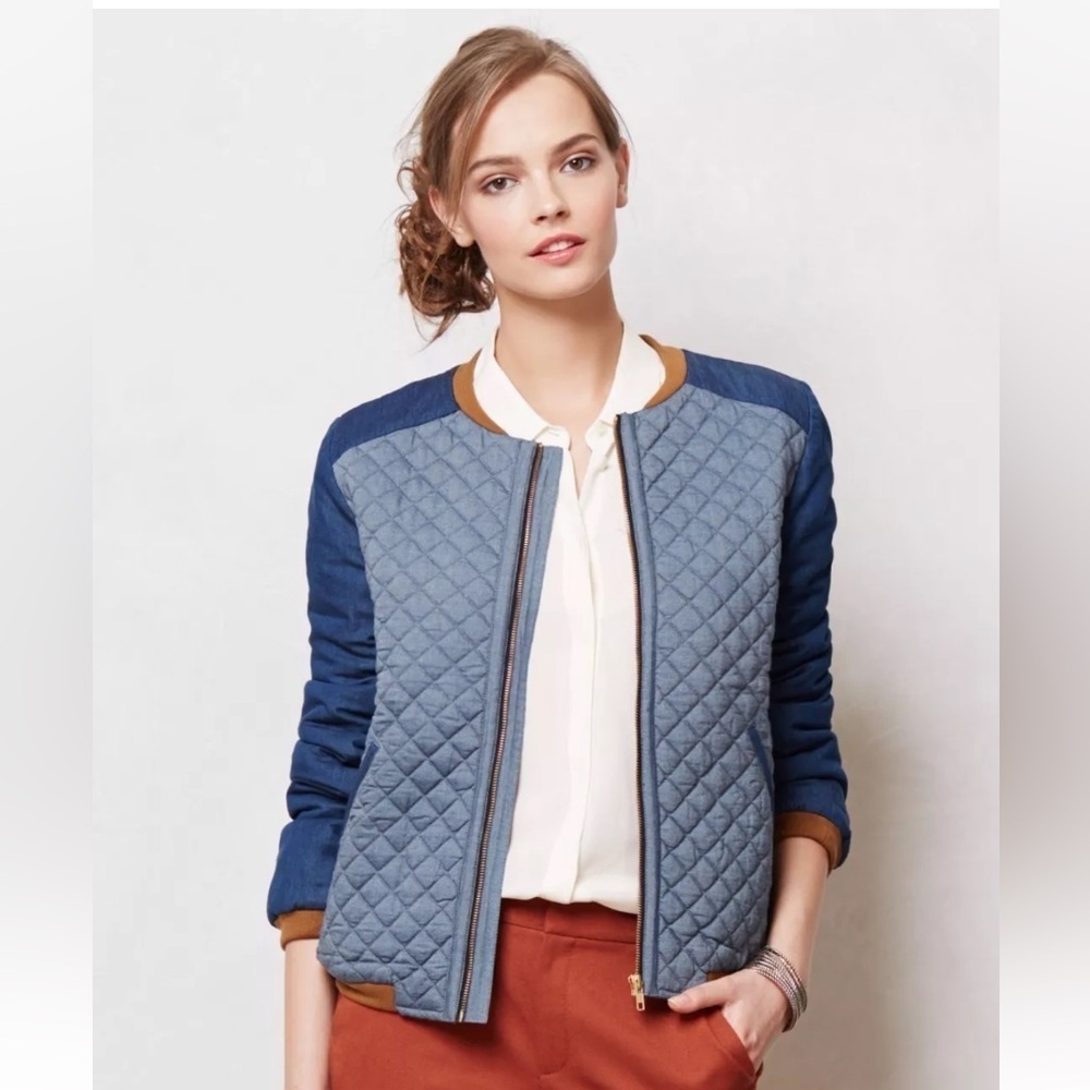 ANTHROPOLOGIE VALENTINE GAUTHIER Blue Denim Quilted Chambray Jacket Size S